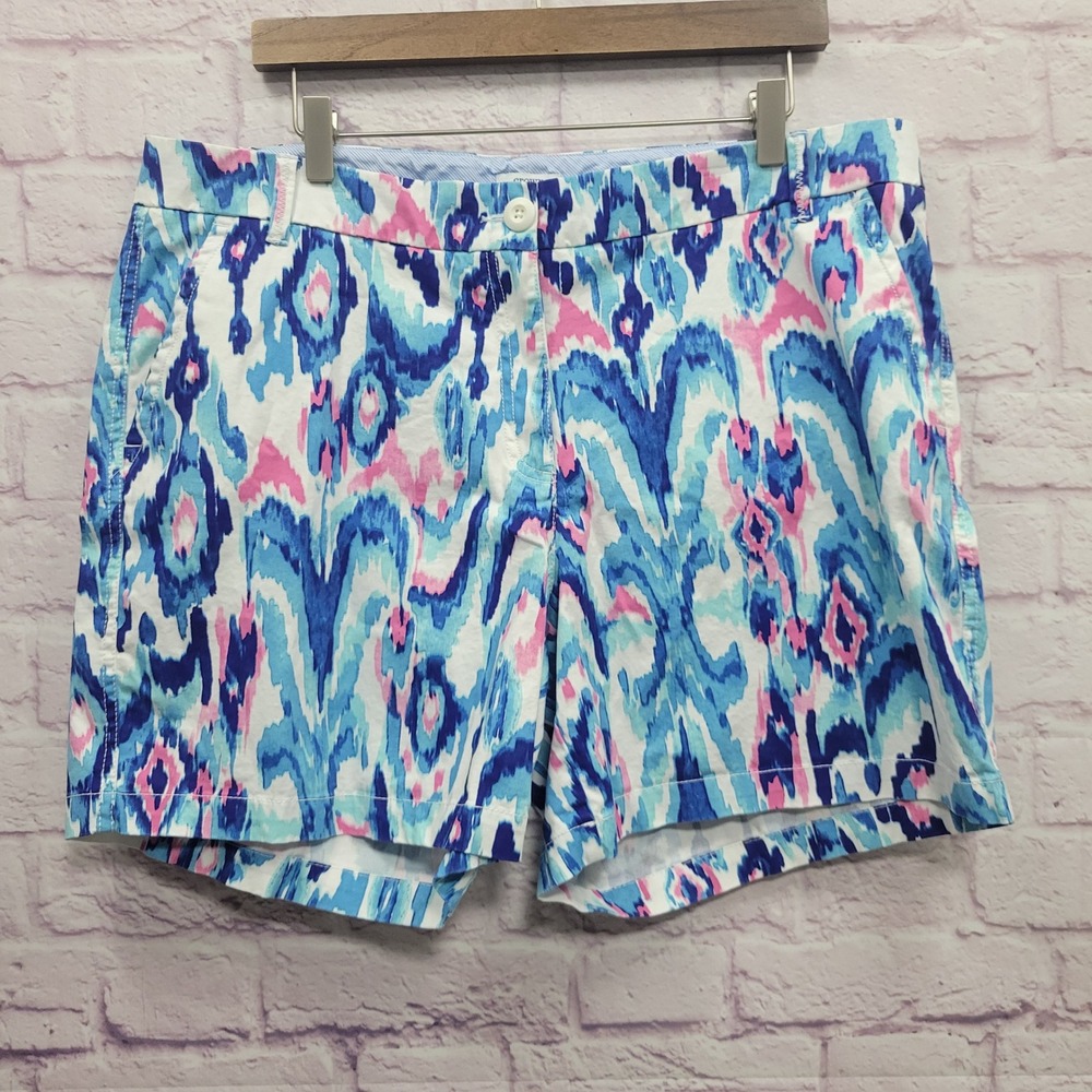 Crown & Ivy Caroline Ikat Shorts Women 16W Blue Pink Cotton Stretch Preppy Boho